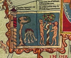 The serpent, Adam and Eve in Paradise on the Ebstorf map