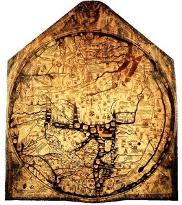 The Hereford mappamundi was made in around 1300 from a single sheet of calf skin. It measures 1.59 x 1.34 m.