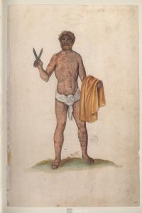 Lucas de Heere, ‘The Naked Englishman’ from Théâtre de tous les peuples et nations de la terre  (painted manuscript, folios 325 x 215 mm) c. 1567-81. University Library of Ghent, Ghent.