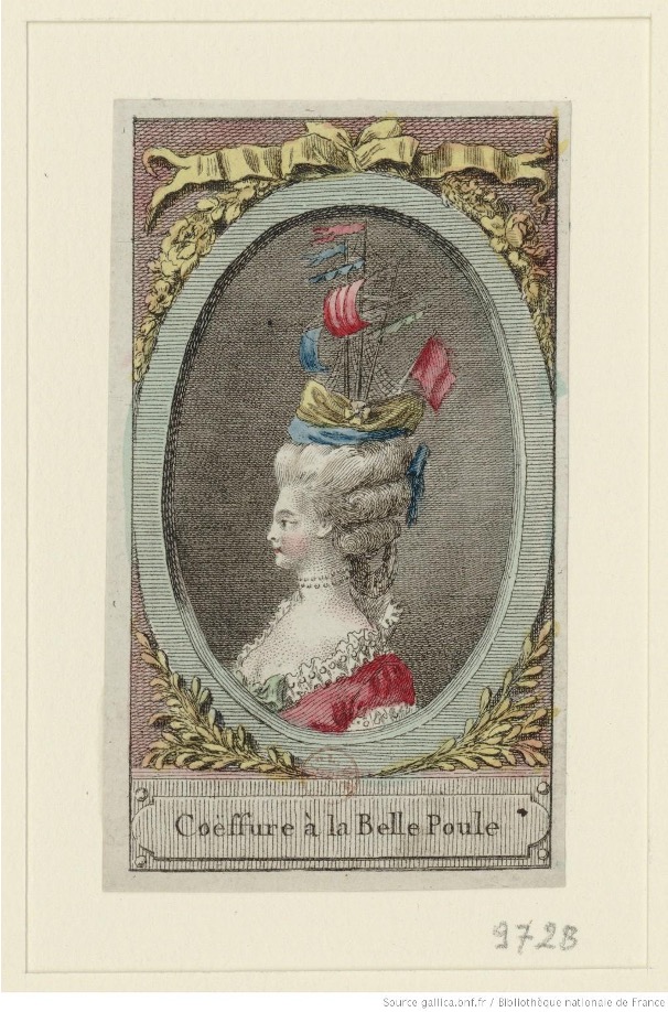An eighteenth-century engraving showing a woman with a blue, pink, and yellow ship perched on her hairstyle